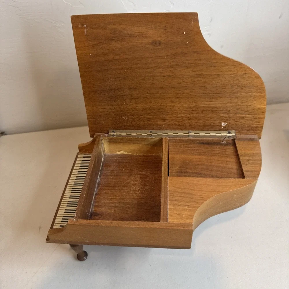 Vintage Wooden Grand Piano Box Floral Inlay Jewelry Trinket Box Rustic Cottage